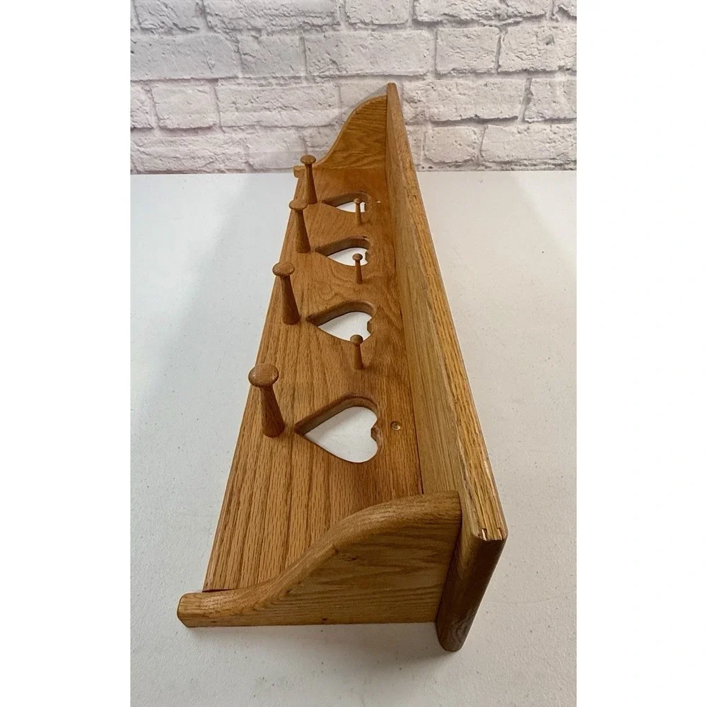 Vintage Cottage Farmhouse 4 Heart Cutout 7 Peg Shelf 28″ Rustic Wooden Wall Rack